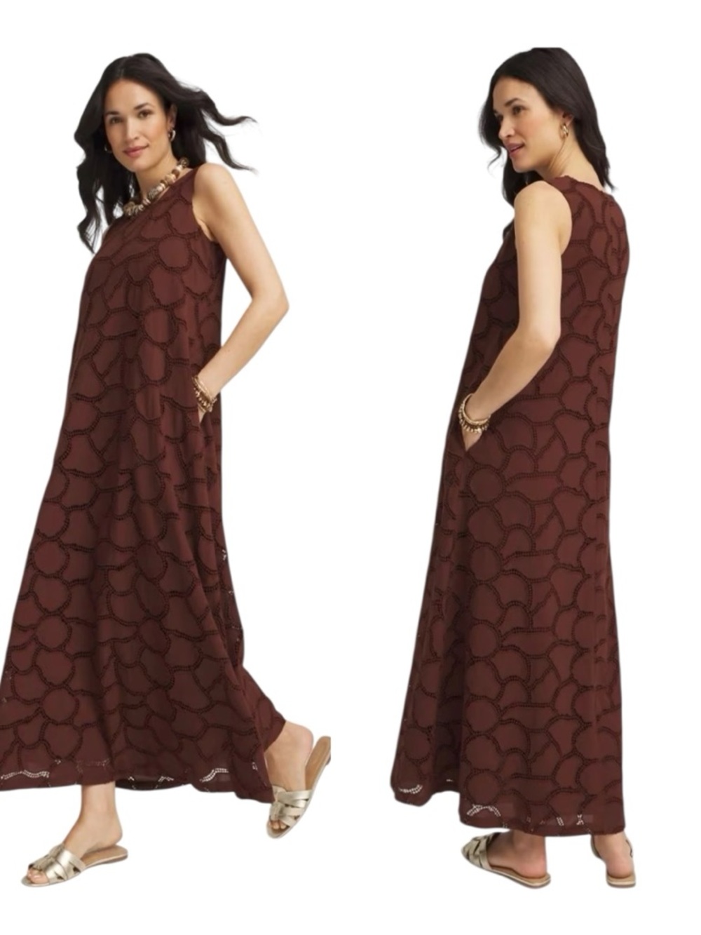 Chicos Eyelet Maxi Dress Sz 4 US 20 Brown Cotton Boho A-Line Lined Pockets